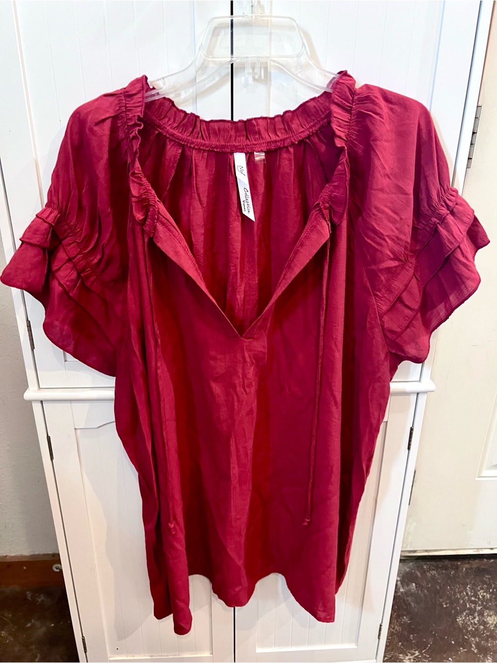 NY Collection Burgundy Ruffle Tie Neck Short Sleeve Blouse